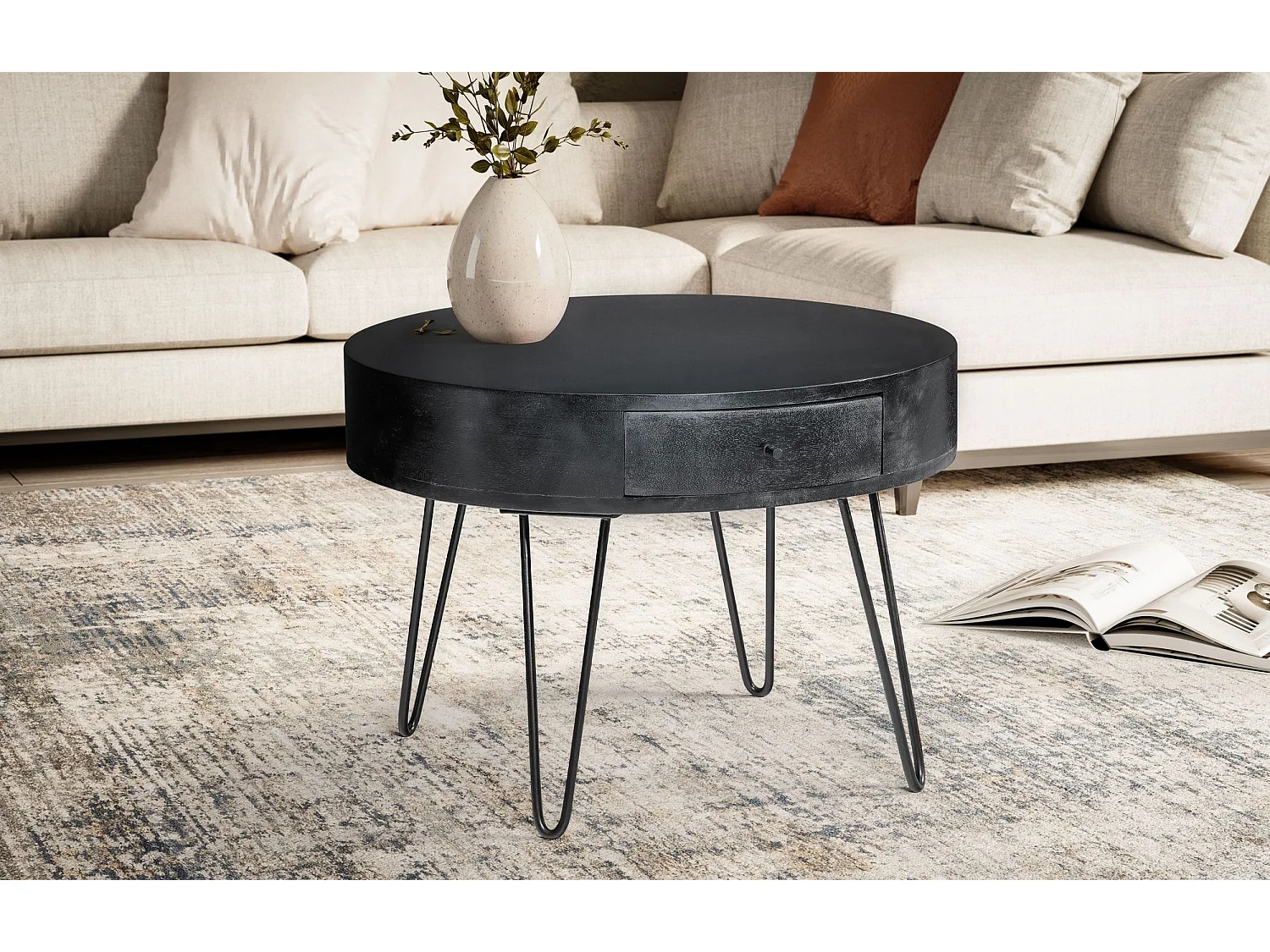 Table Basse Café de Salon 60 cm Bois Massif Ronde Tiroir Pieds épingle