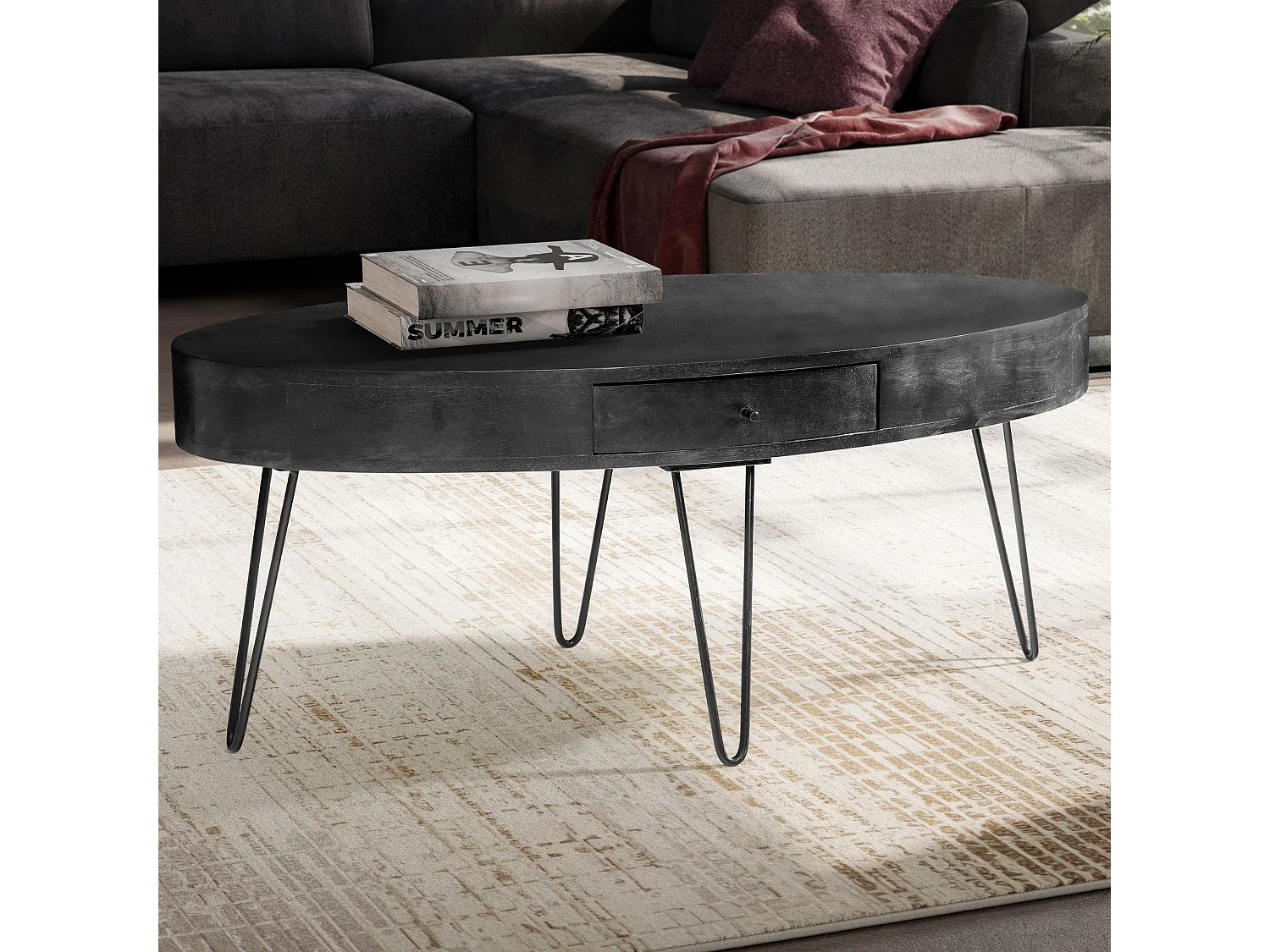 Table Basse Café de Salon 100 cm Bois Massif Ovale Tiroir Pieds épingle