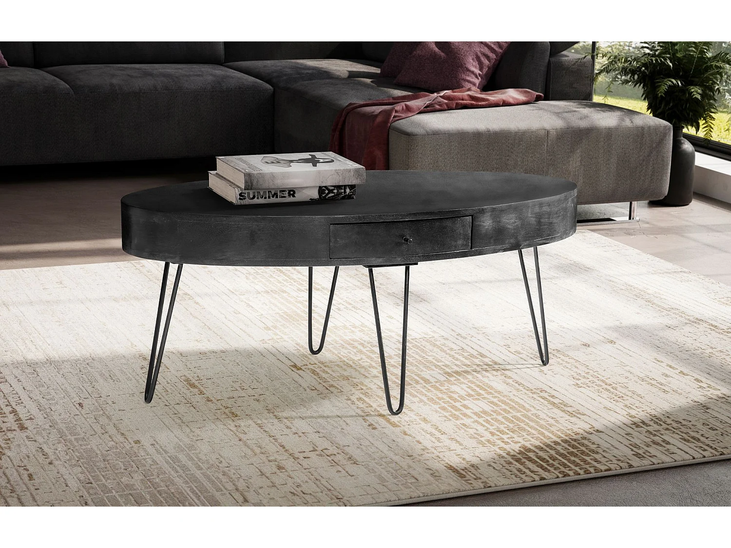 Table Basse Café de Salon 100 cm Bois Massif Ovale Tiroir Pieds épingle