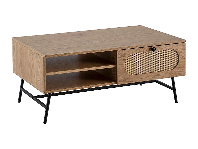 Table Basse Salon de Canapé 100 cm avec Tiroir Décor Chêne et Rotin