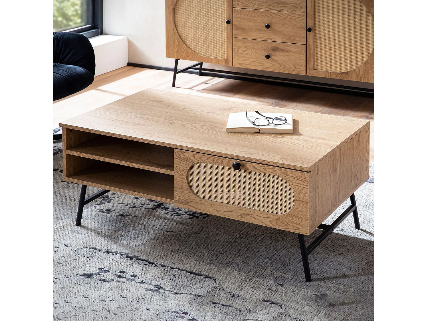 Table Basse Salon de Canapé 100 cm avec Tiroir Décor Chêne et Rotin