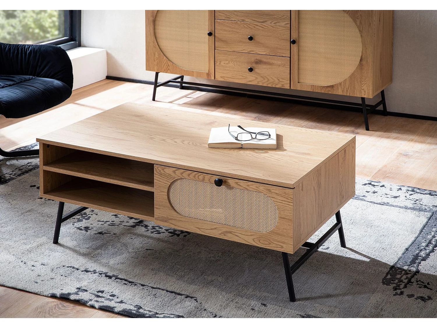 Table Basse Salon de Canapé 100 cm avec Tiroir Décor Chêne et Rotin