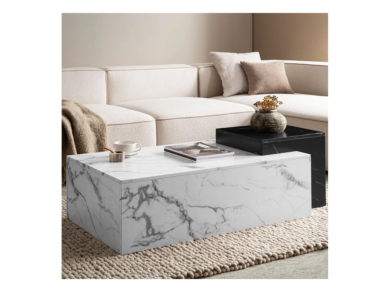 Table Basse de Salon 120 cm Blanc Noir Effet Marbre Rectangulaire Grande