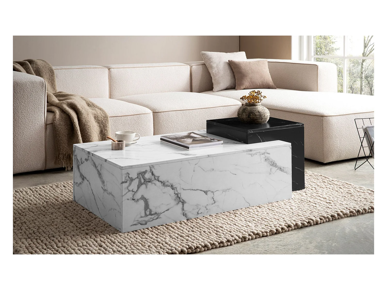 Table Basse de Salon 120 cm Blanc Noir Effet Marbre Rectangulaire Grande