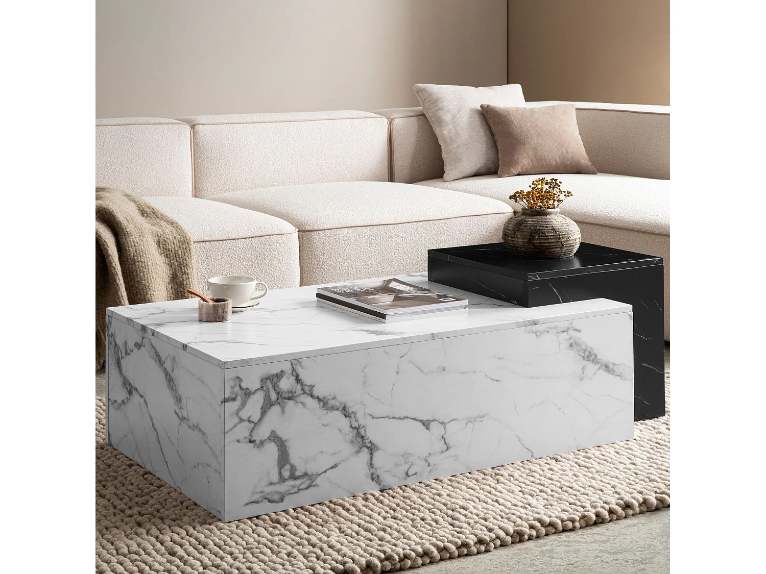 Table Basse de Salon 120 cm Blanc Noir Effet Marbre Rectangulaire Grande