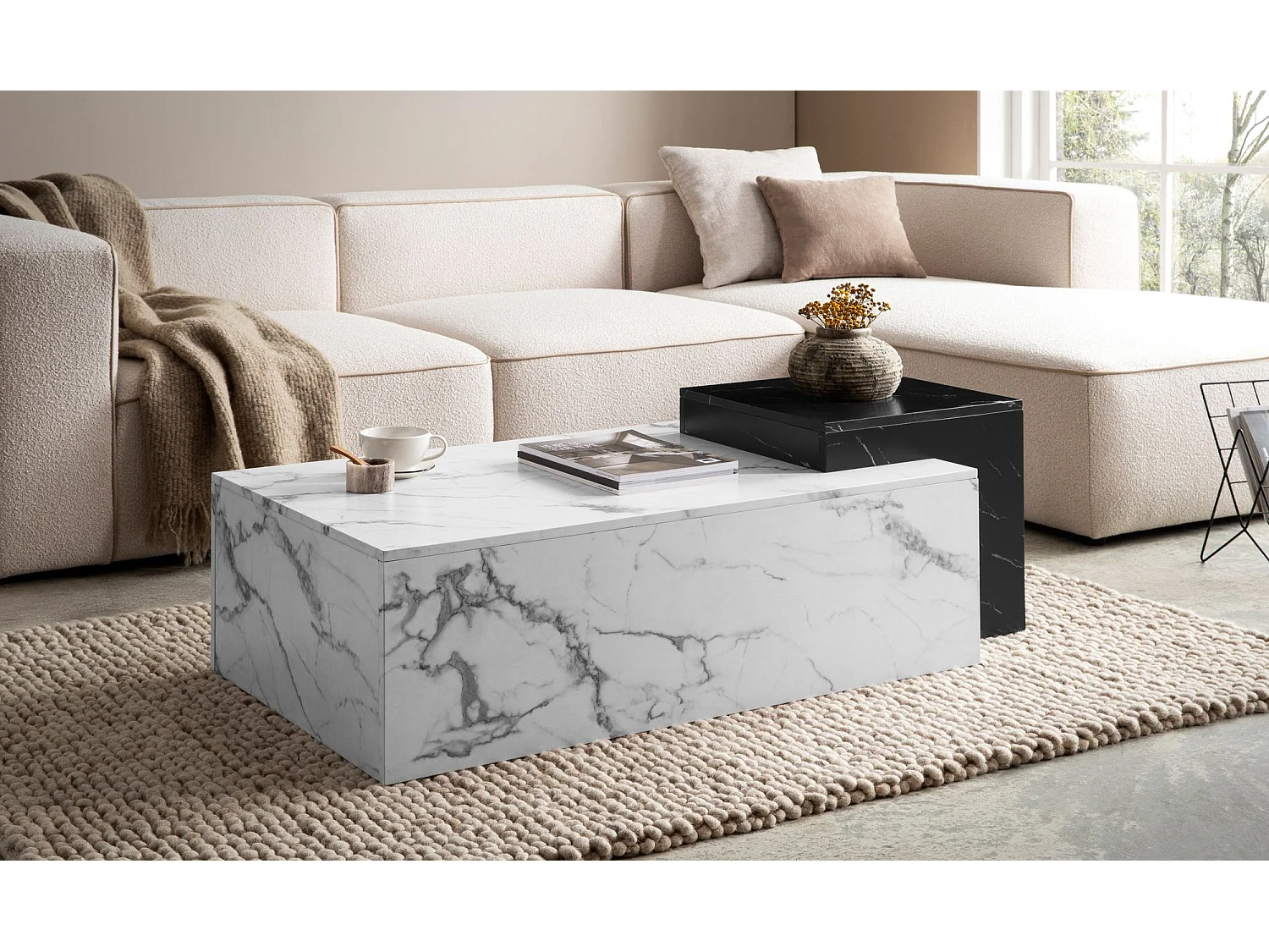 Table Basse de Salon 120 cm Blanc Noir Effet Marbre Rectangulaire Grande