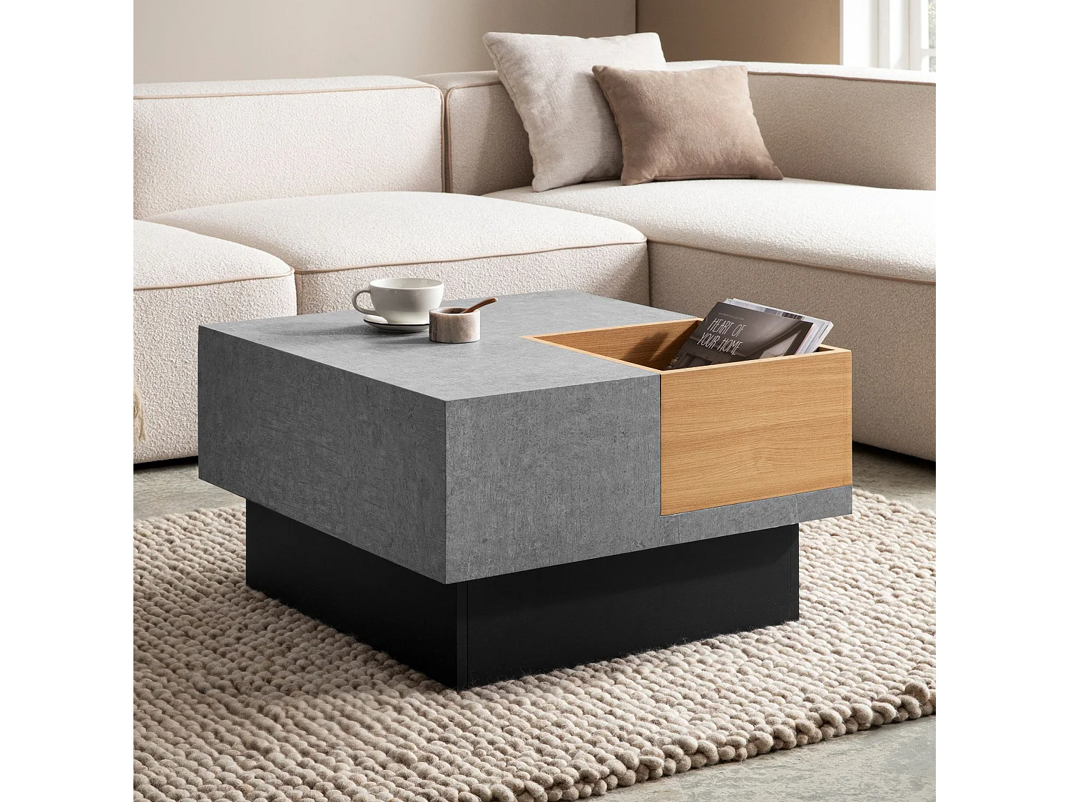 Table Basse Canapé de Salon 65 cm Aspect Béton Carrée Rangement Gris