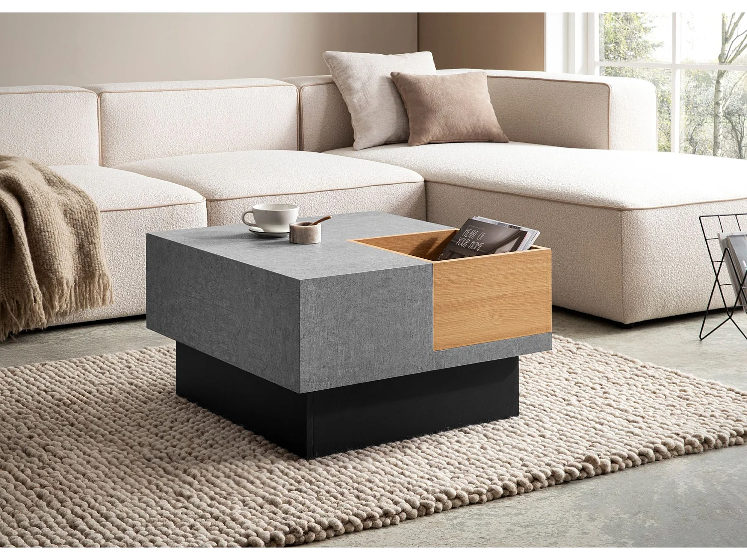 Table Basse Canapé de Salon 65 cm Aspect Béton Carrée Rangement Gris
