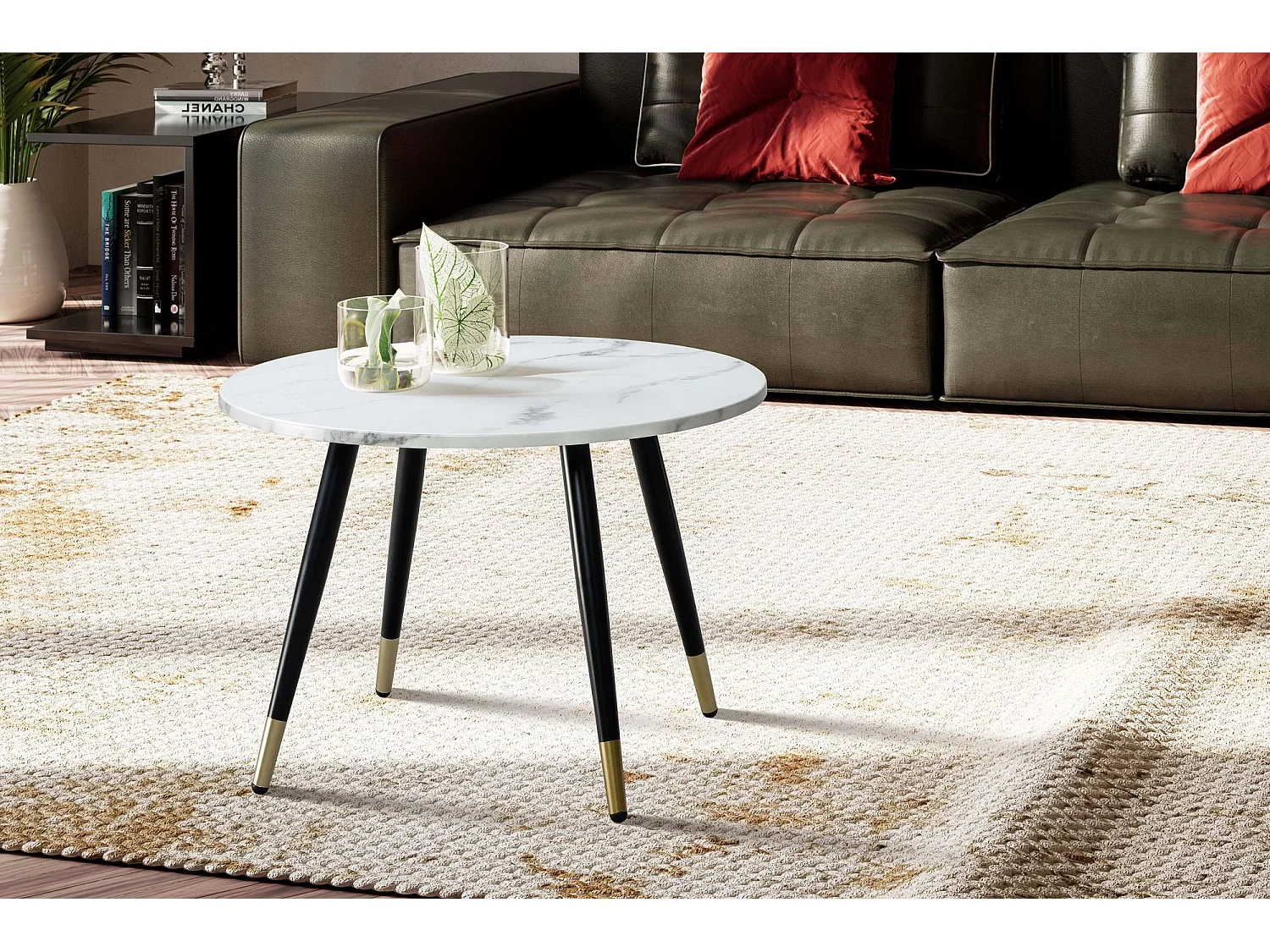 Table Basse Café de Salon Canapé Aspect Marbre 60 cm Ronde Moderne