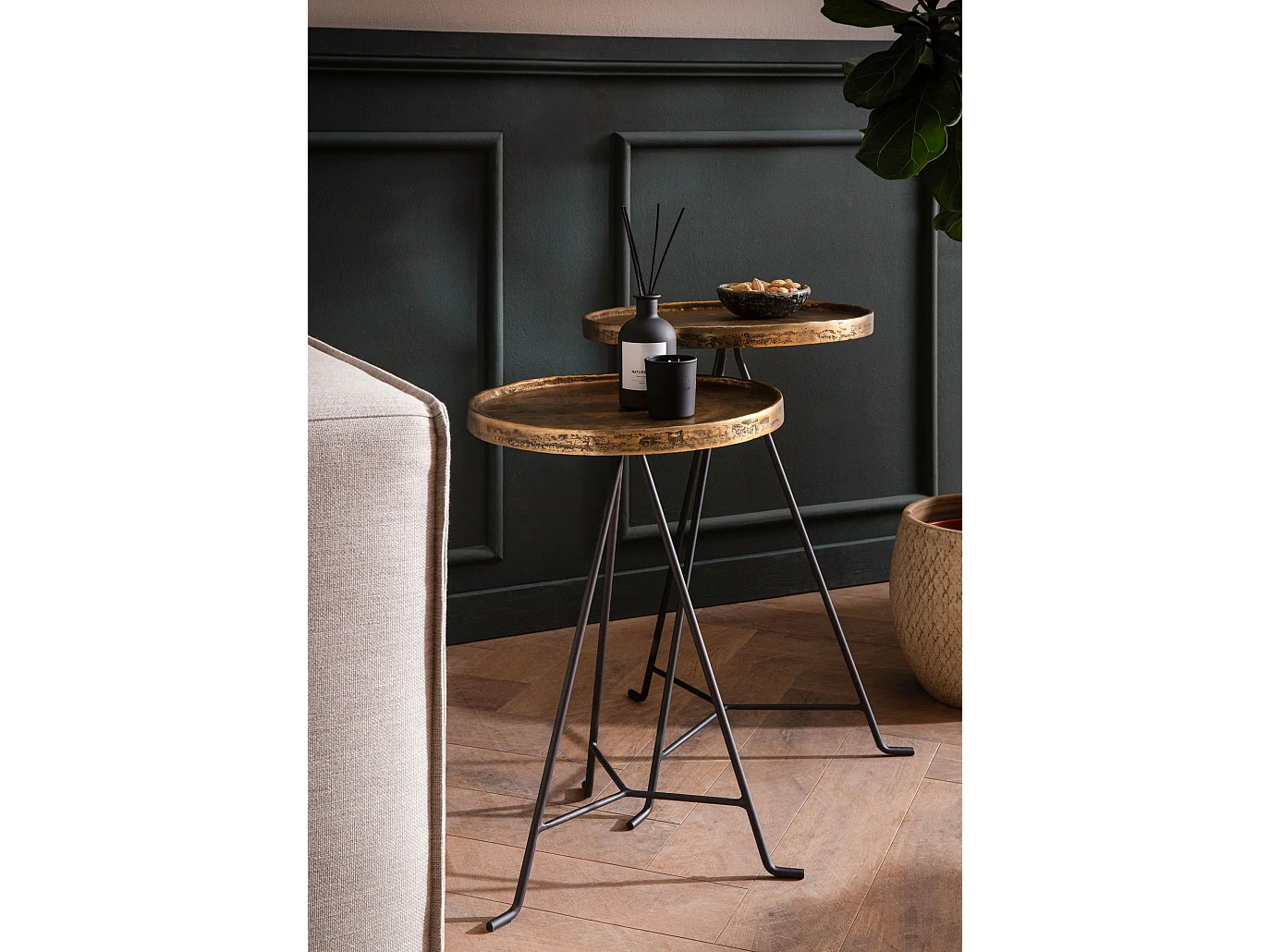 Table d'appoint Lot de 2 Salon Tables Gigognes Rondes Métal Doré Noir