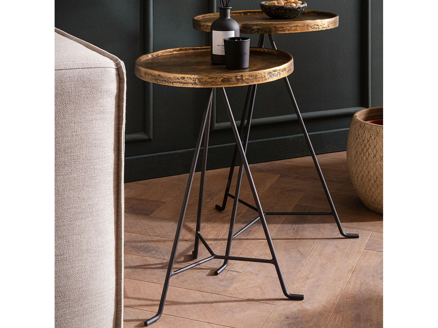 Table d'appoint Lot de 2 Salon Tables Gigognes Rondes Métal Doré Noir