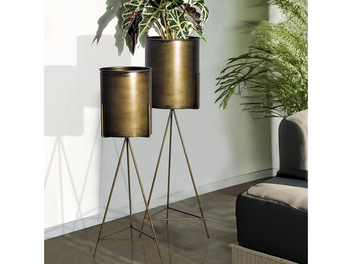 Lot de 2 Cache-Pots Métal Doré Jardinières Rondes Pots à Plantes Moderne