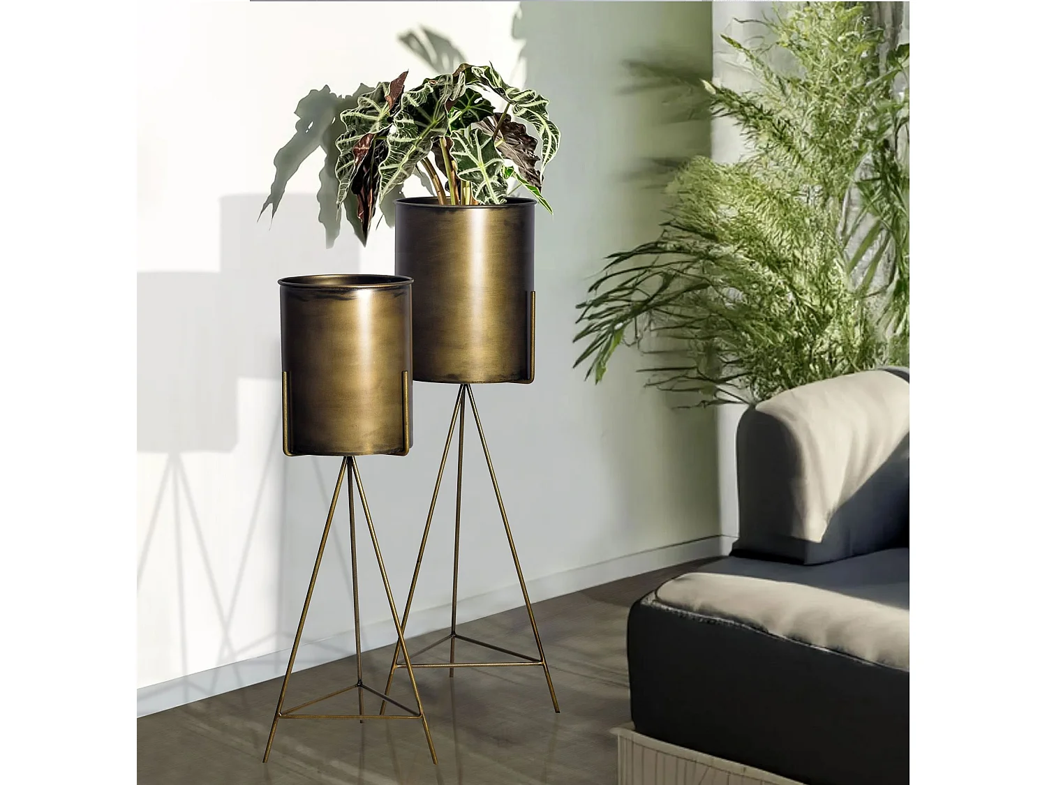 Lot de 2 Cache-Pots Métal Doré Jardinières Rondes Pots à Plantes Moderne