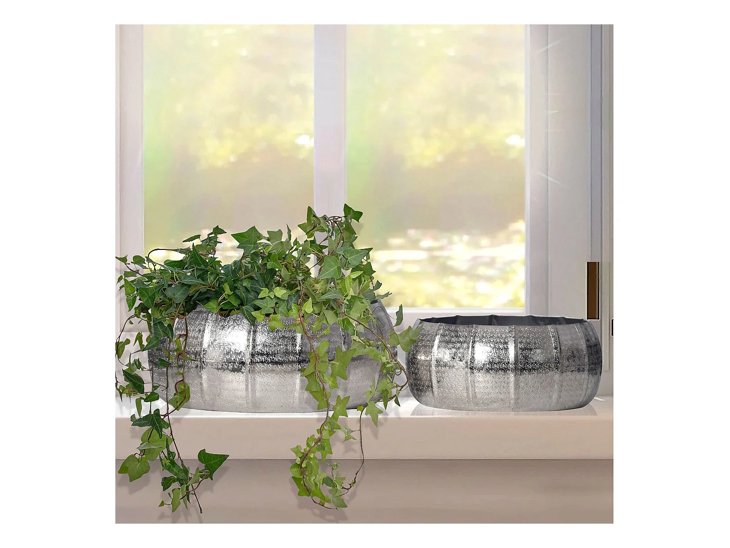 Lot de 2 Cache-Pots Métal Aluminium Martelée Ronde Jardinières Moderne