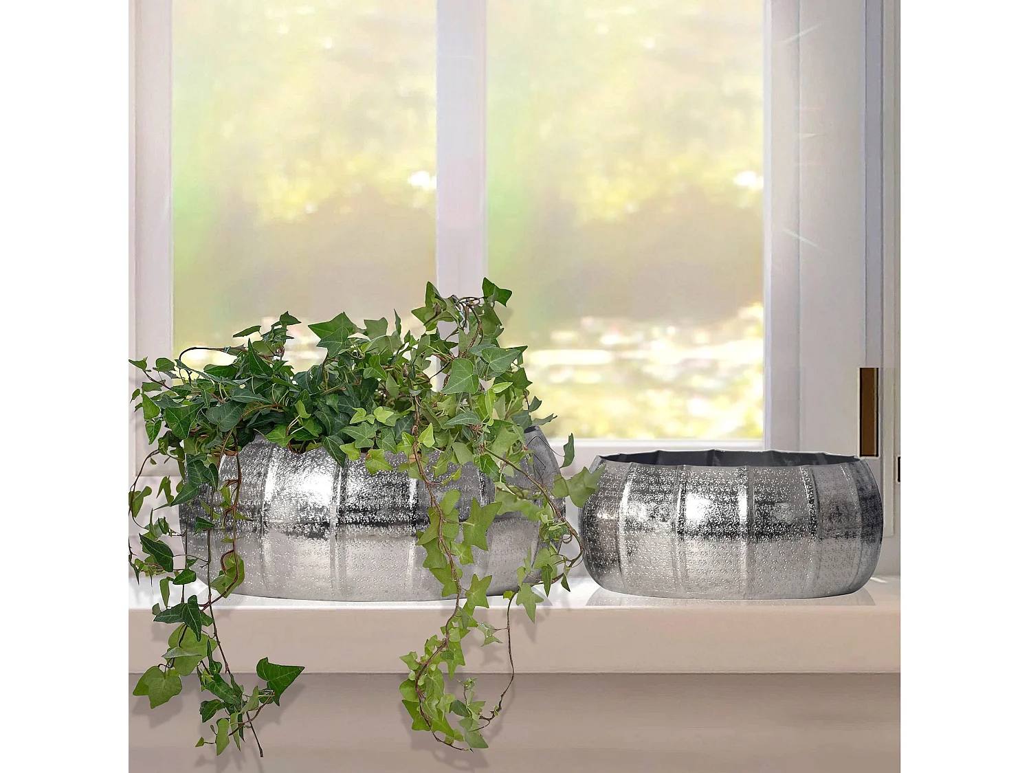 Lot de 2 Cache-Pots Métal Aluminium Martelée Ronde Jardinières Moderne