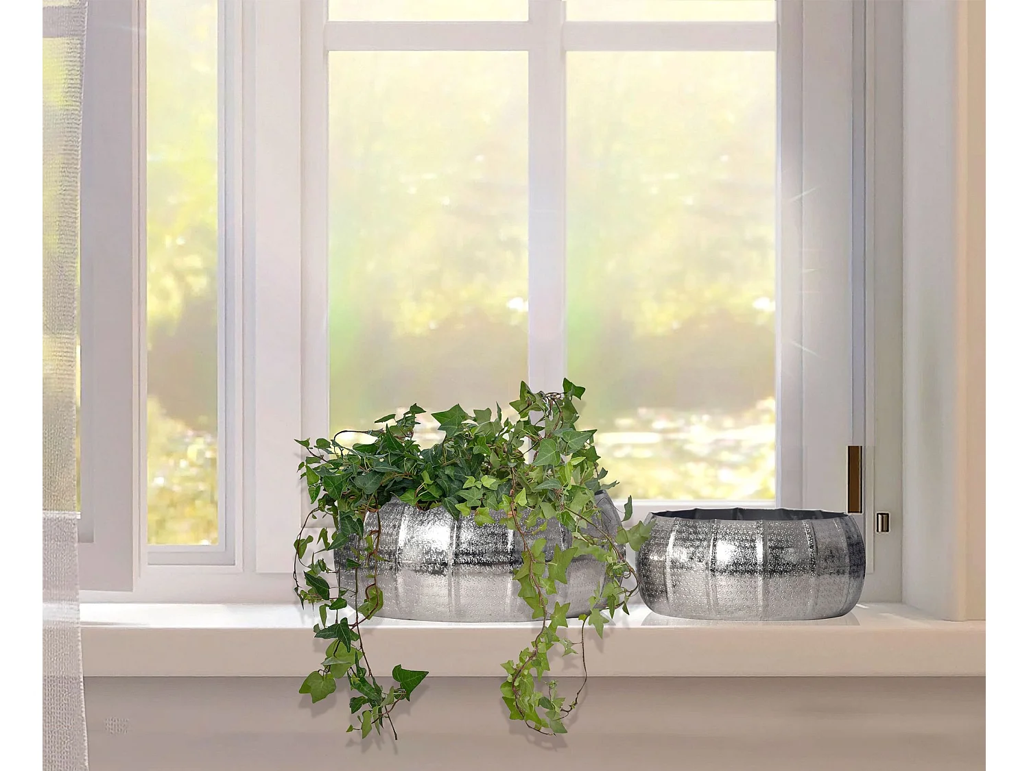 Lot de 2 Cache-Pots Métal Aluminium Martelée Ronde Jardinières Moderne