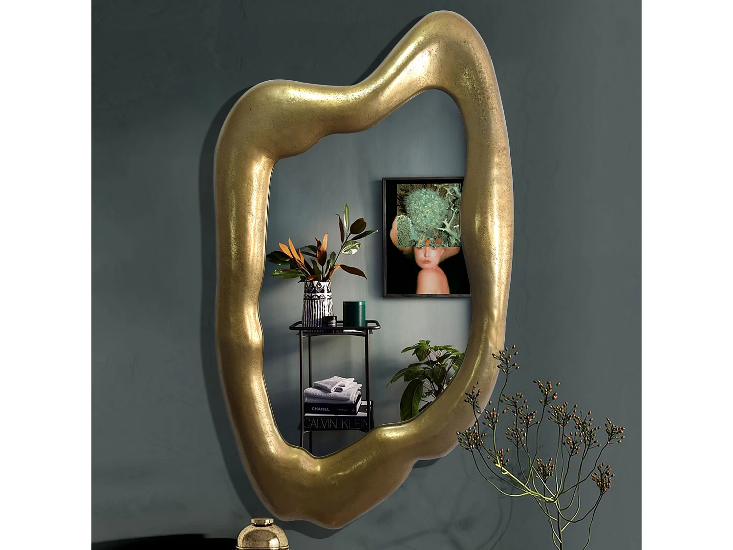 Miroir Mural Asymétrique 100x57 cm Métal Doré Grand Entrée Couloir