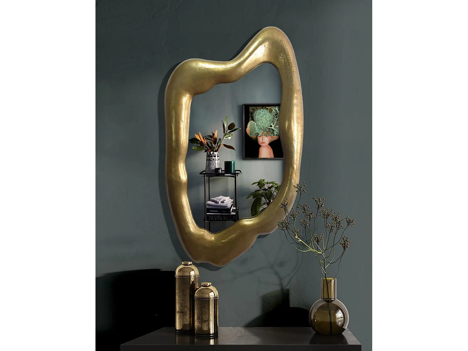 Miroir Mural Asymétrique 100x57 cm Métal Doré Grand Entrée Couloir