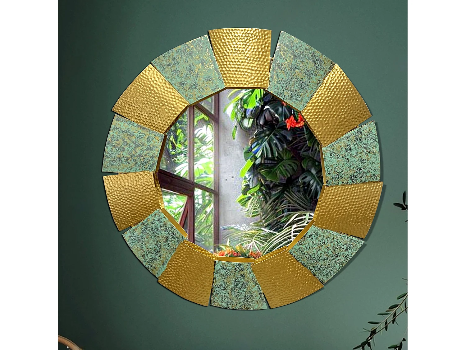 Miroir Mural Rond 63 cm Métal Doré Brûlé Grand Entrée Couloir Moderne