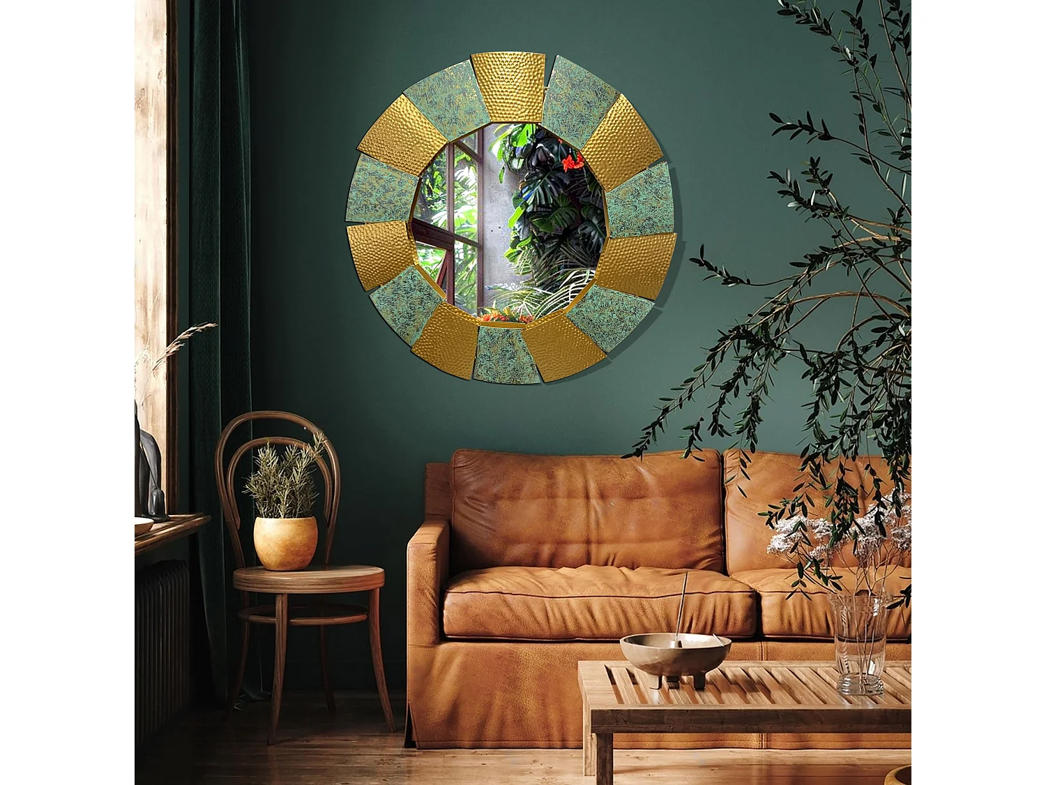 Miroir Mural Rond 63 cm Métal Doré Brûlé Grand Entrée Couloir Moderne