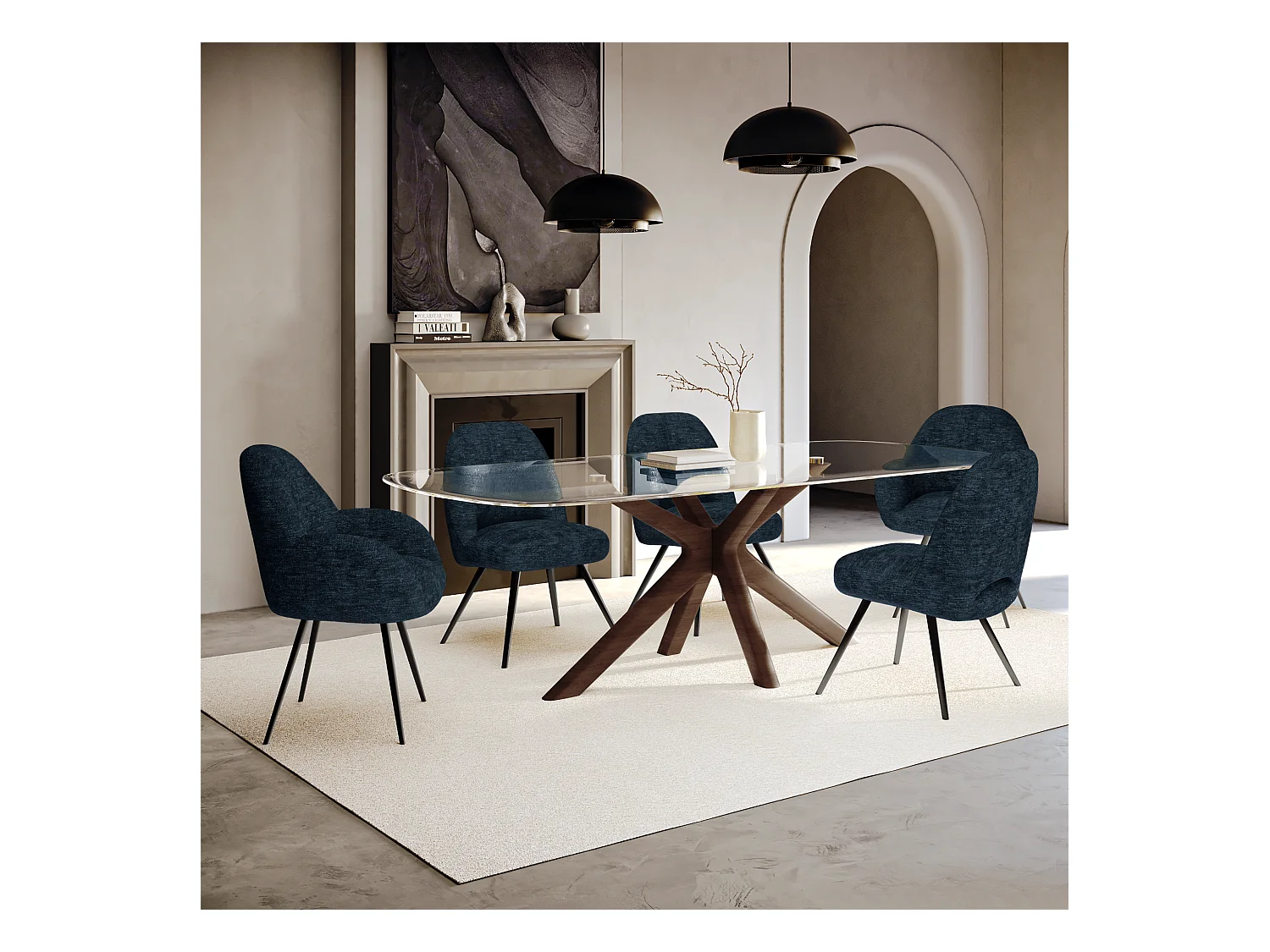 Table à manger verre et pied noyer 200cm ELYA