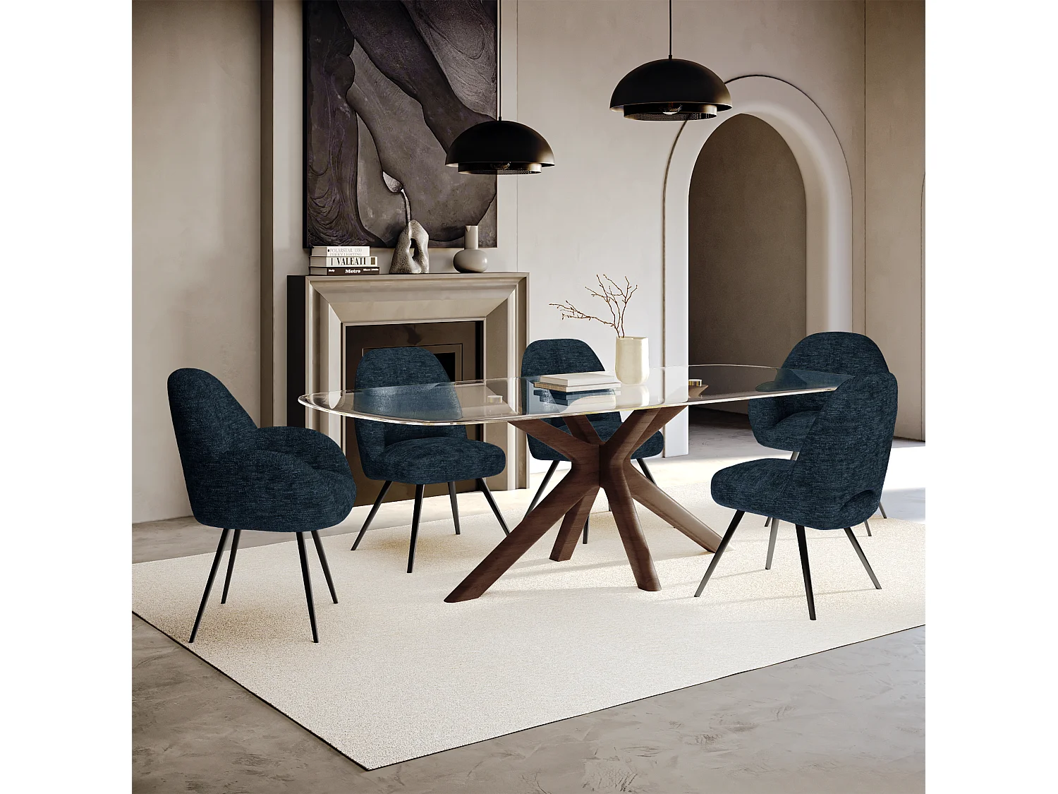 Table à manger verre et pied noyer 200cm ELYA