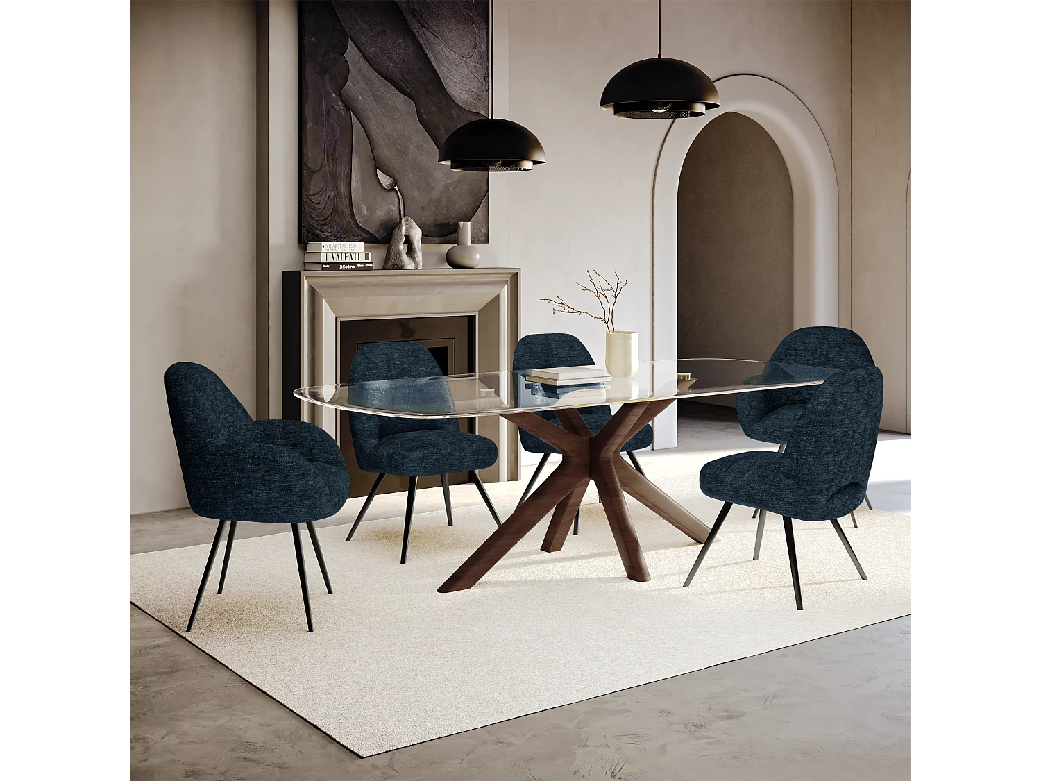 Table à manger verre et pied noyer 200cm ELYA