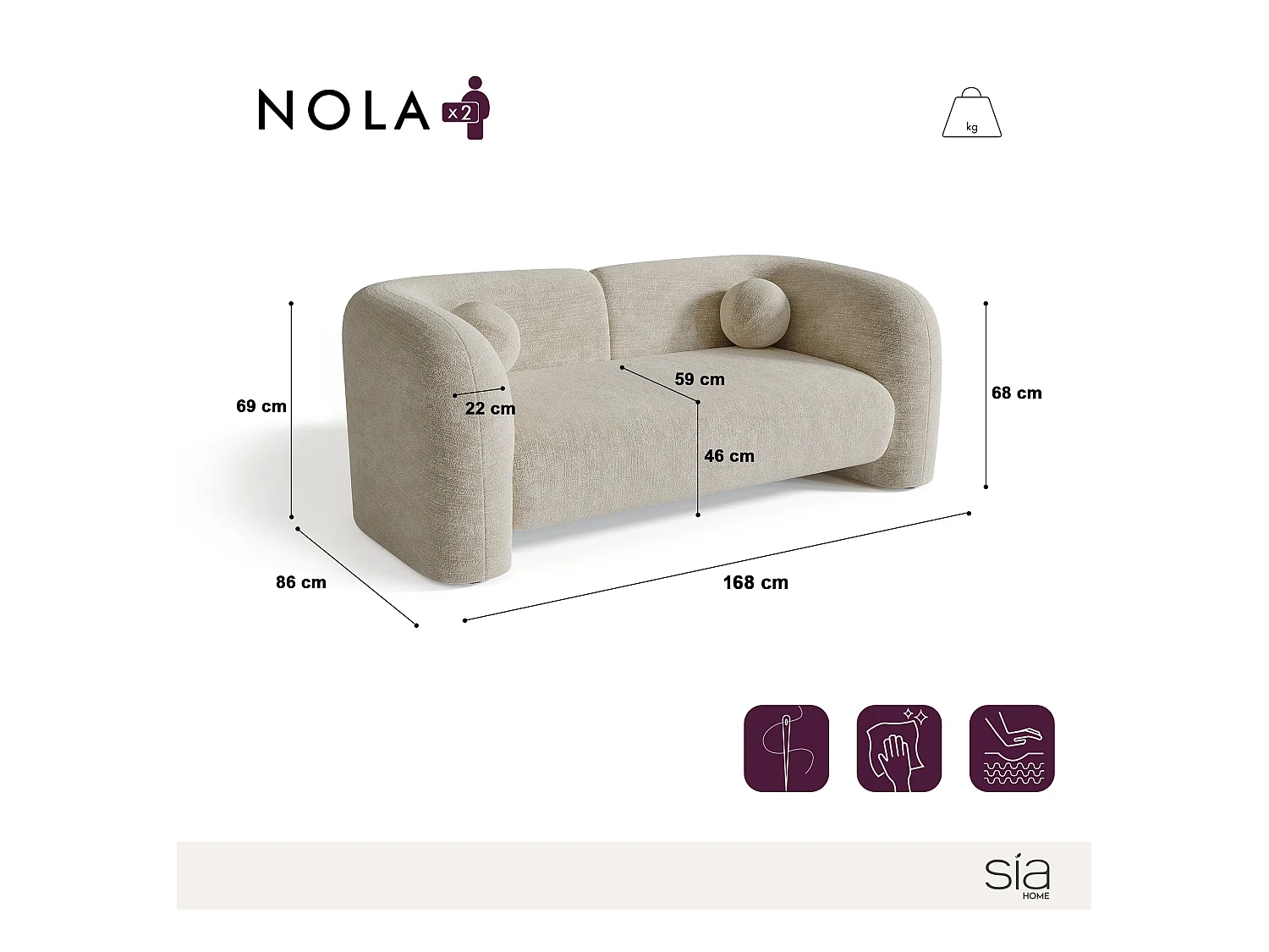 Canapé 2 places velours à motifs kaki 168cm NOLA