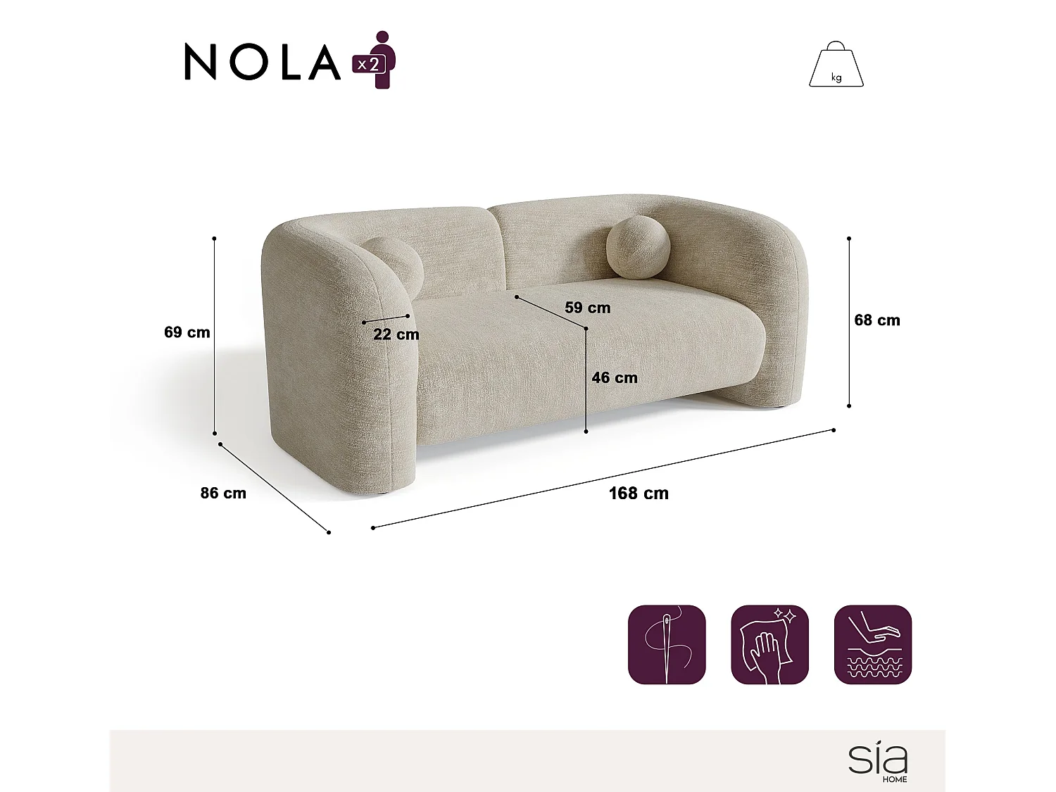 Canapé 2 places velours à motifs kaki 168cm NOLA