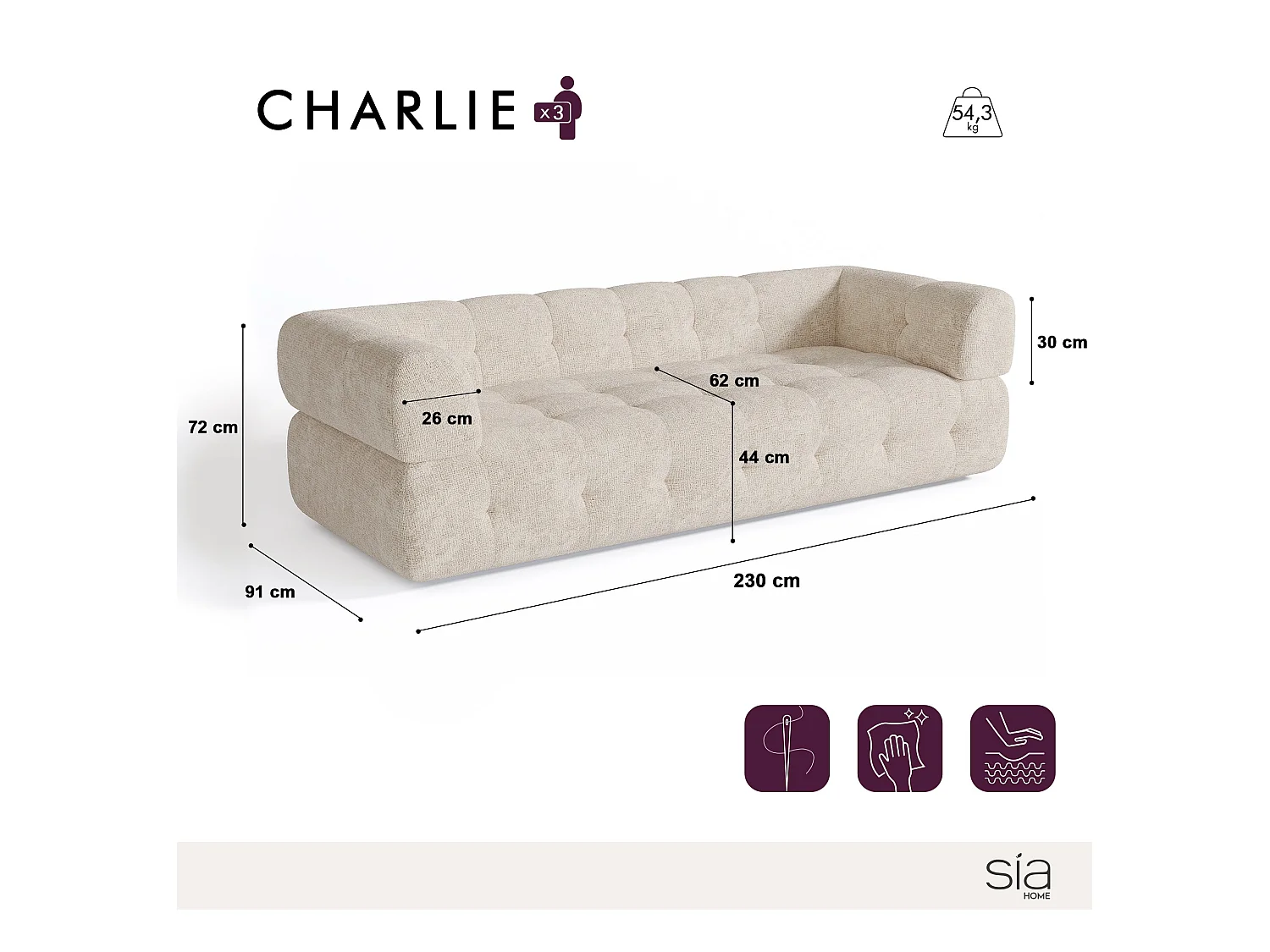 Canapé 3 places bouclette crème 230cm CHARLIE