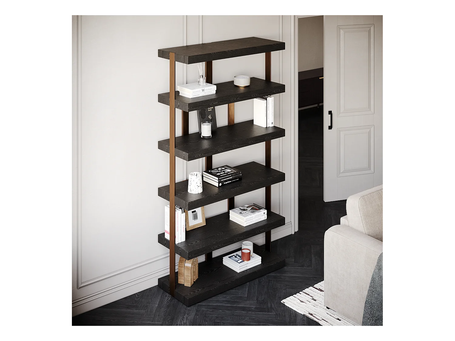 Etagère 6 niveaux 110x210cm chêne noir et métal brossé bronze