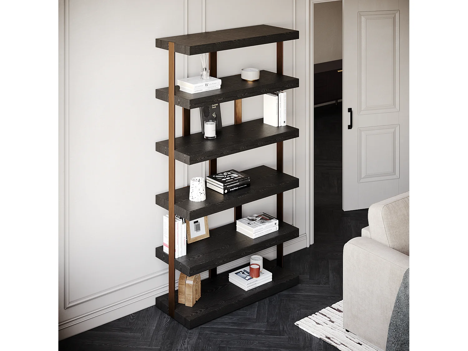 Etagère 6 niveaux 110x210cm chêne noir et métal brossé bronze