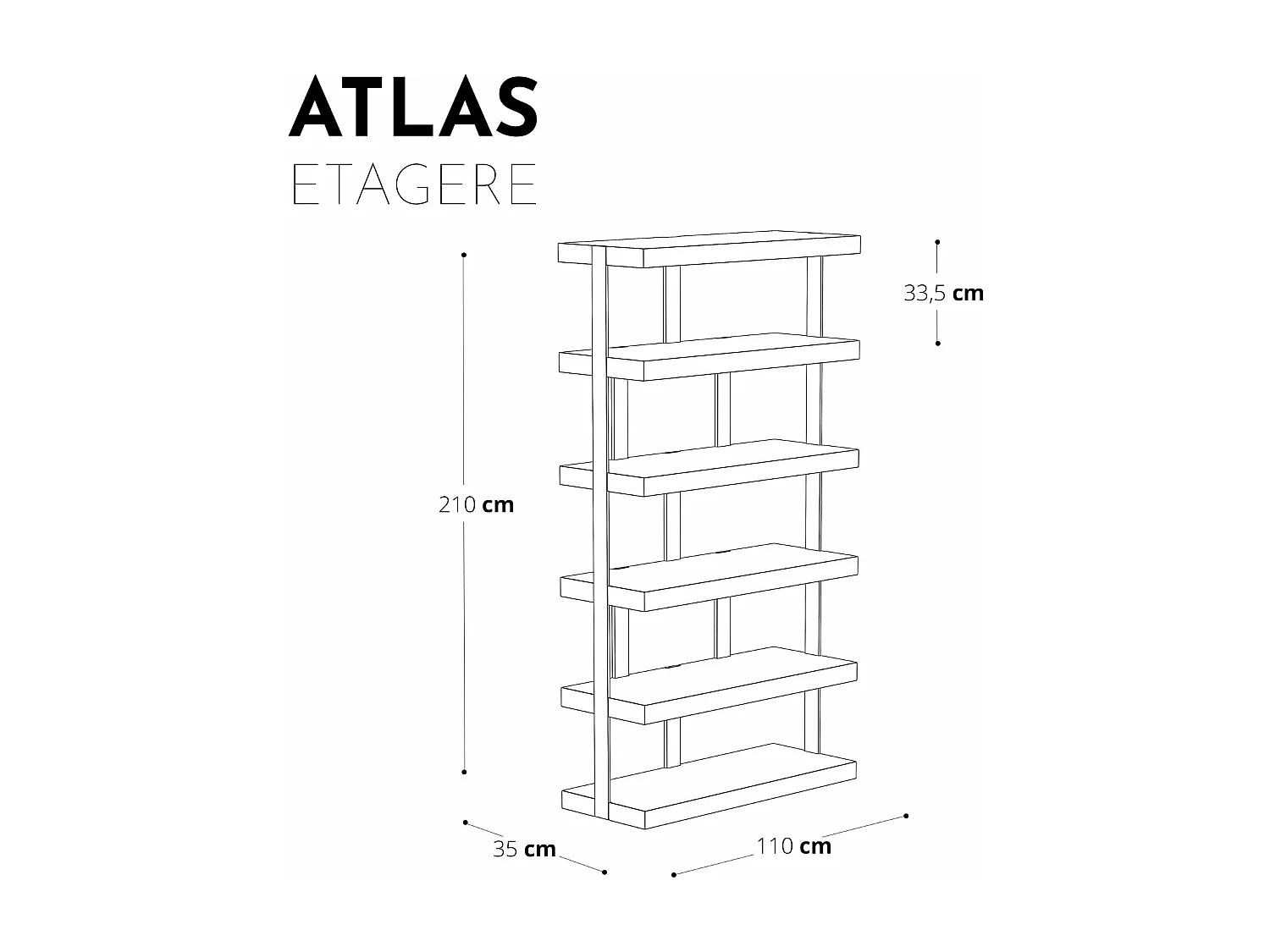 Etagère 6 niveaux 110x210cm chêne noir et métal brossé bronze