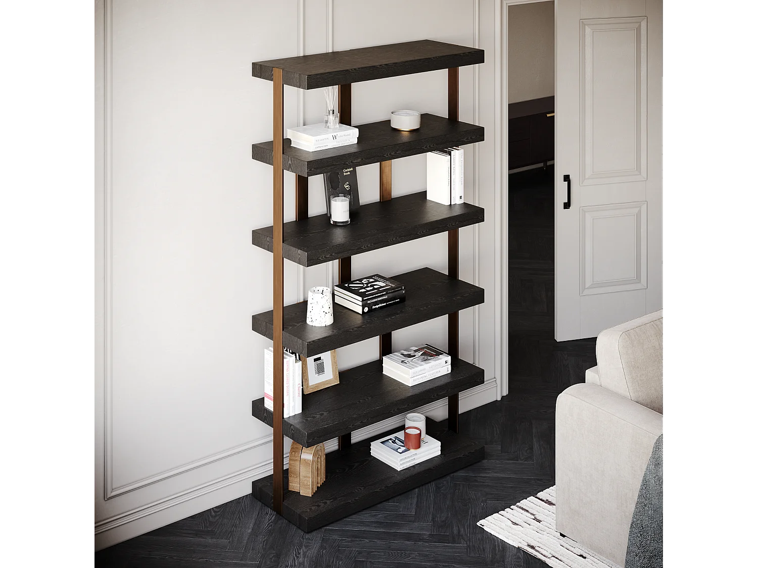 Etagère 6 niveaux 110x210cm chêne noir et métal brossé bronze