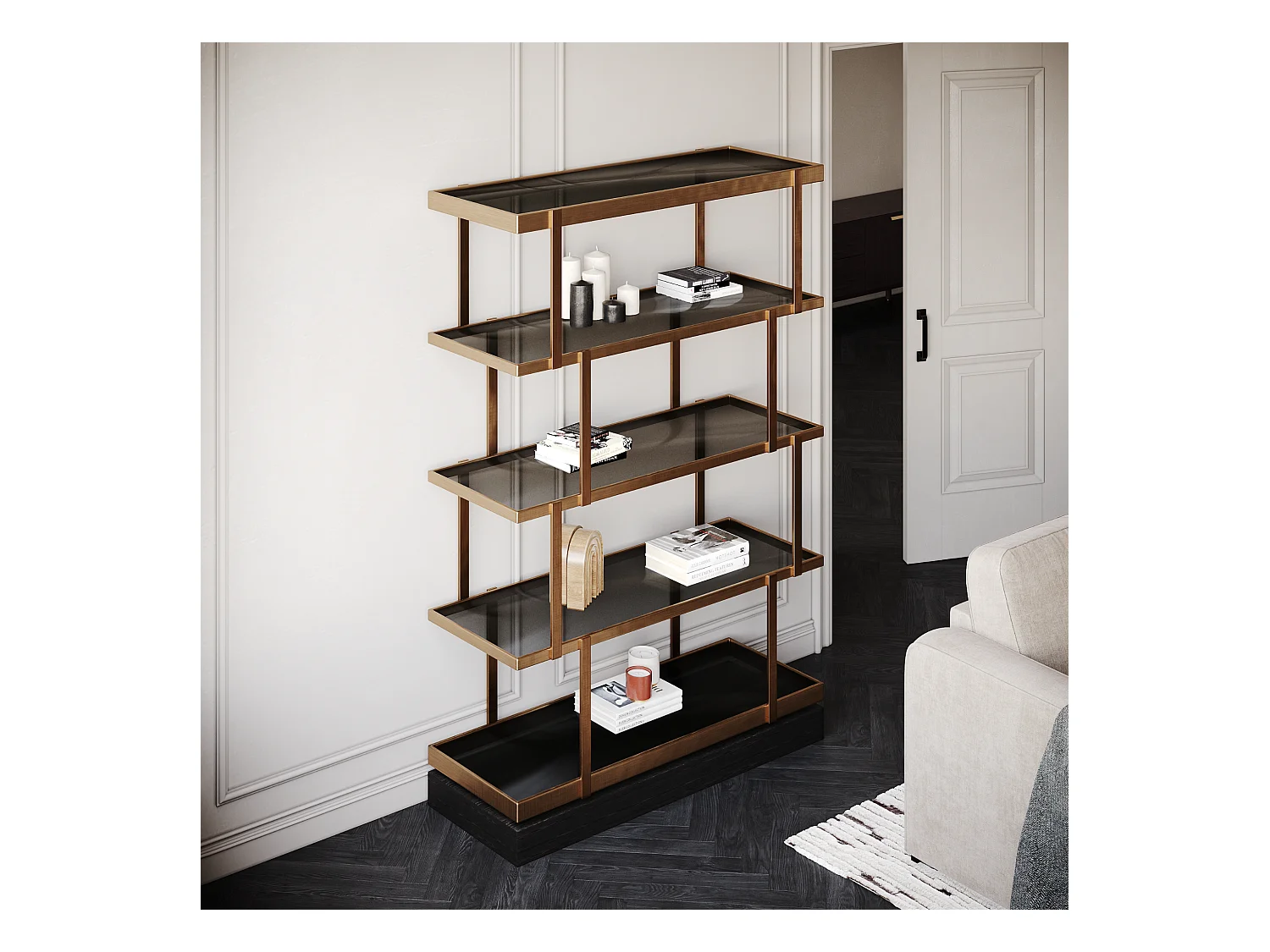Etagère 5 niveaux 110x170cm verre fumé bronze et chêne noir