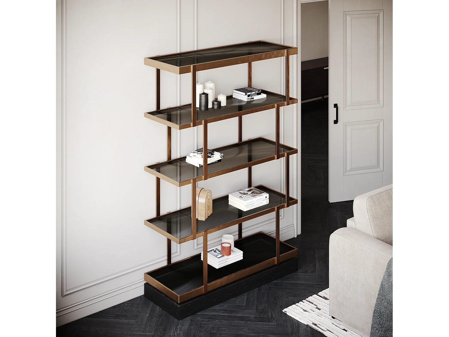 Etagère 5 niveaux 110x170cm verre fumé bronze et chêne noir