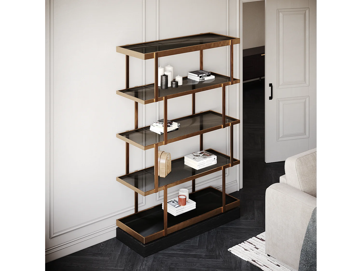 Etagère 5 niveaux 110x170cm verre fumé bronze et chêne noir