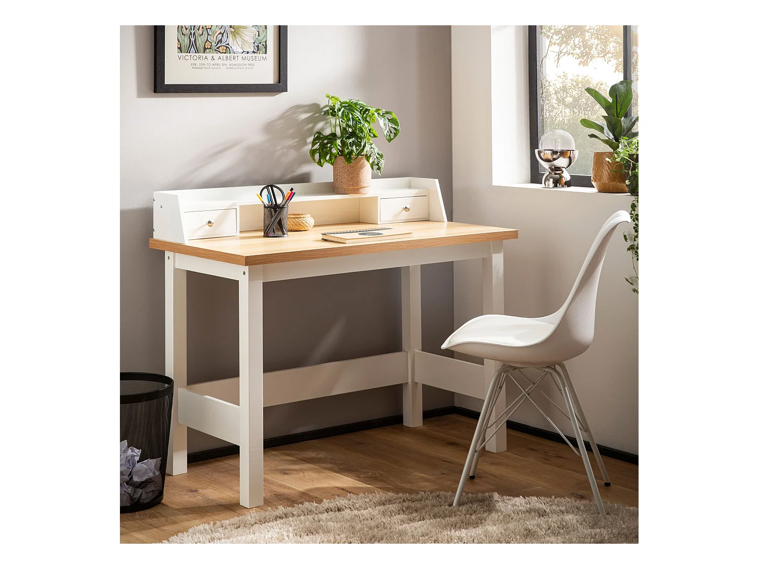 Bureau 106 cm Blanc avec Tiroir Table d'Ordinateur Rangement Compacte