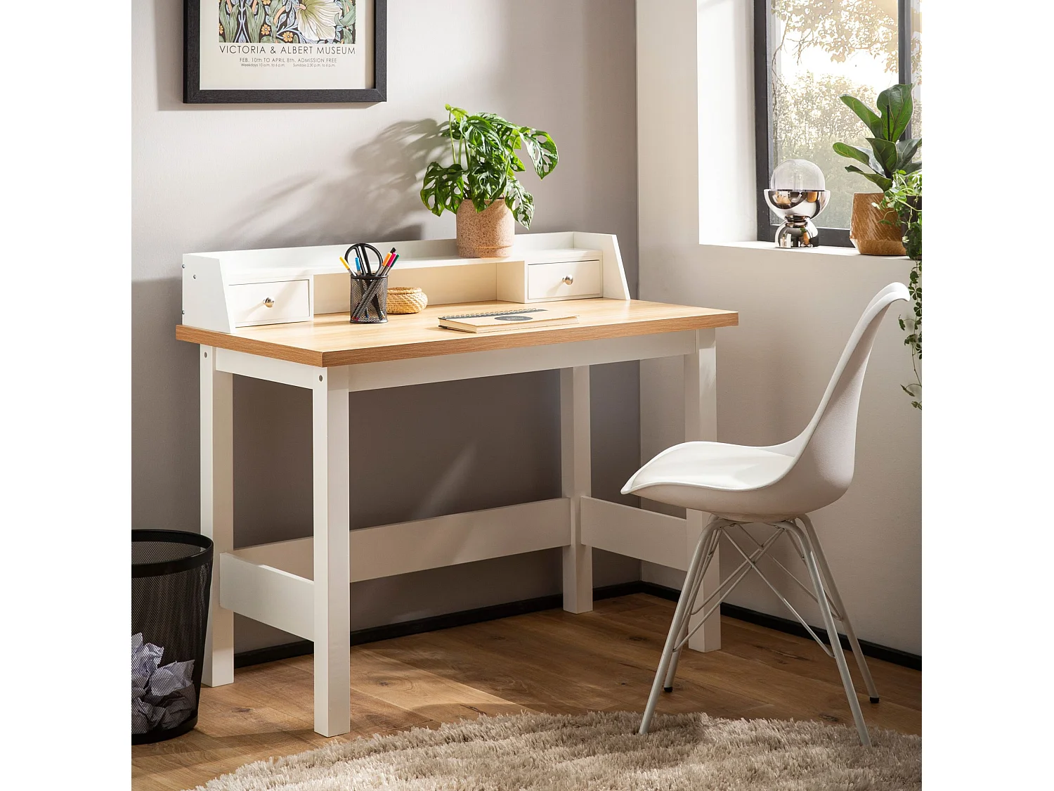 Bureau 106 cm Blanc avec Tiroir Table d'Ordinateur Rangement Compacte