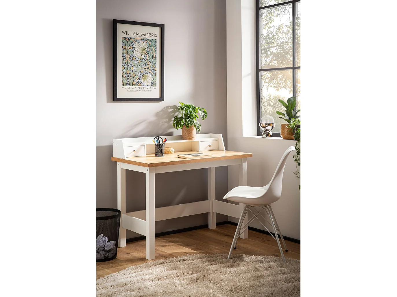 Bureau 106 cm Blanc avec Tiroir Table d'Ordinateur Rangement Compacte
