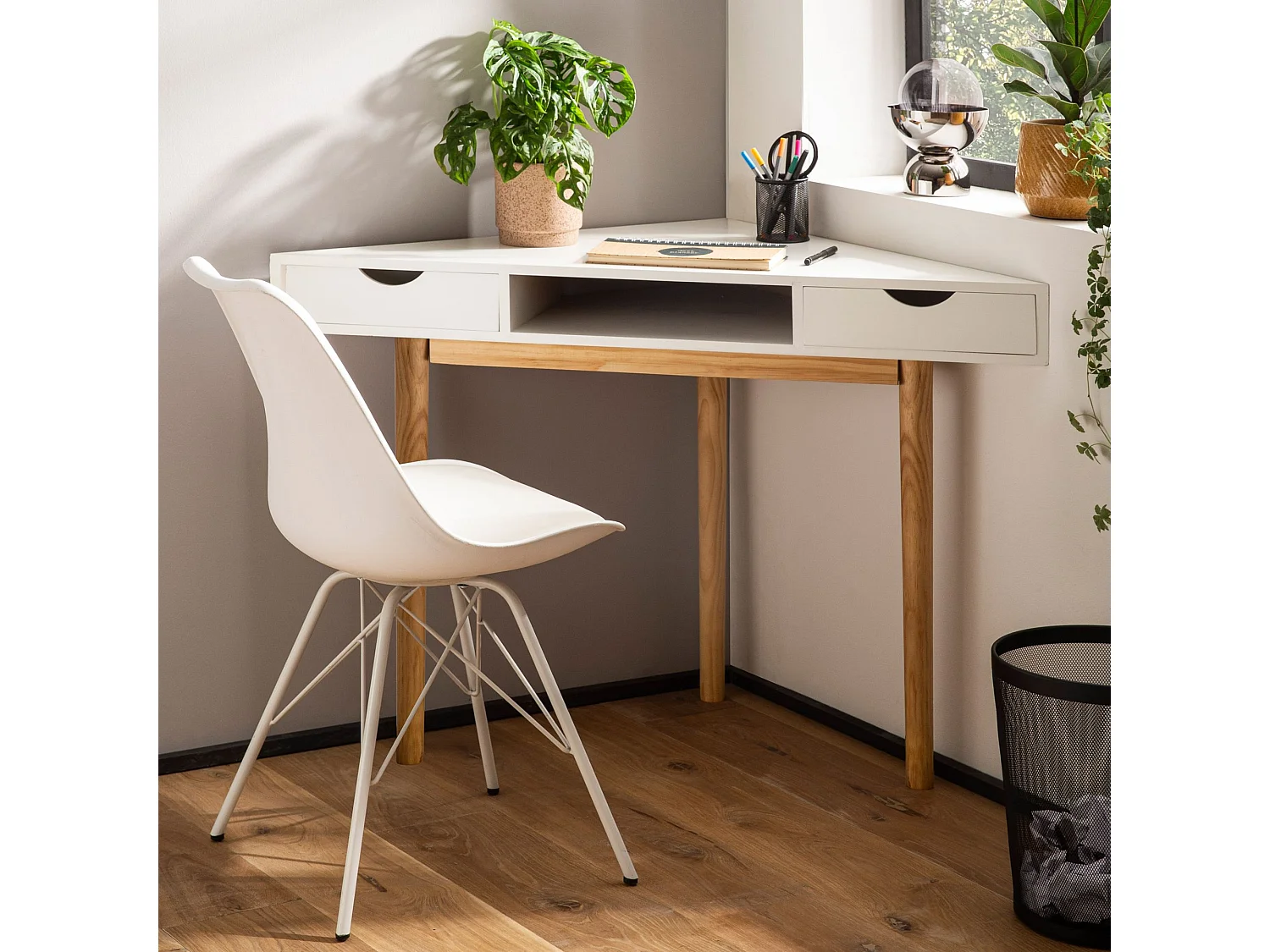 Bureau d’Angle 80 cm Ordinateur Blanc Tiroirs Rangement Table de Travail