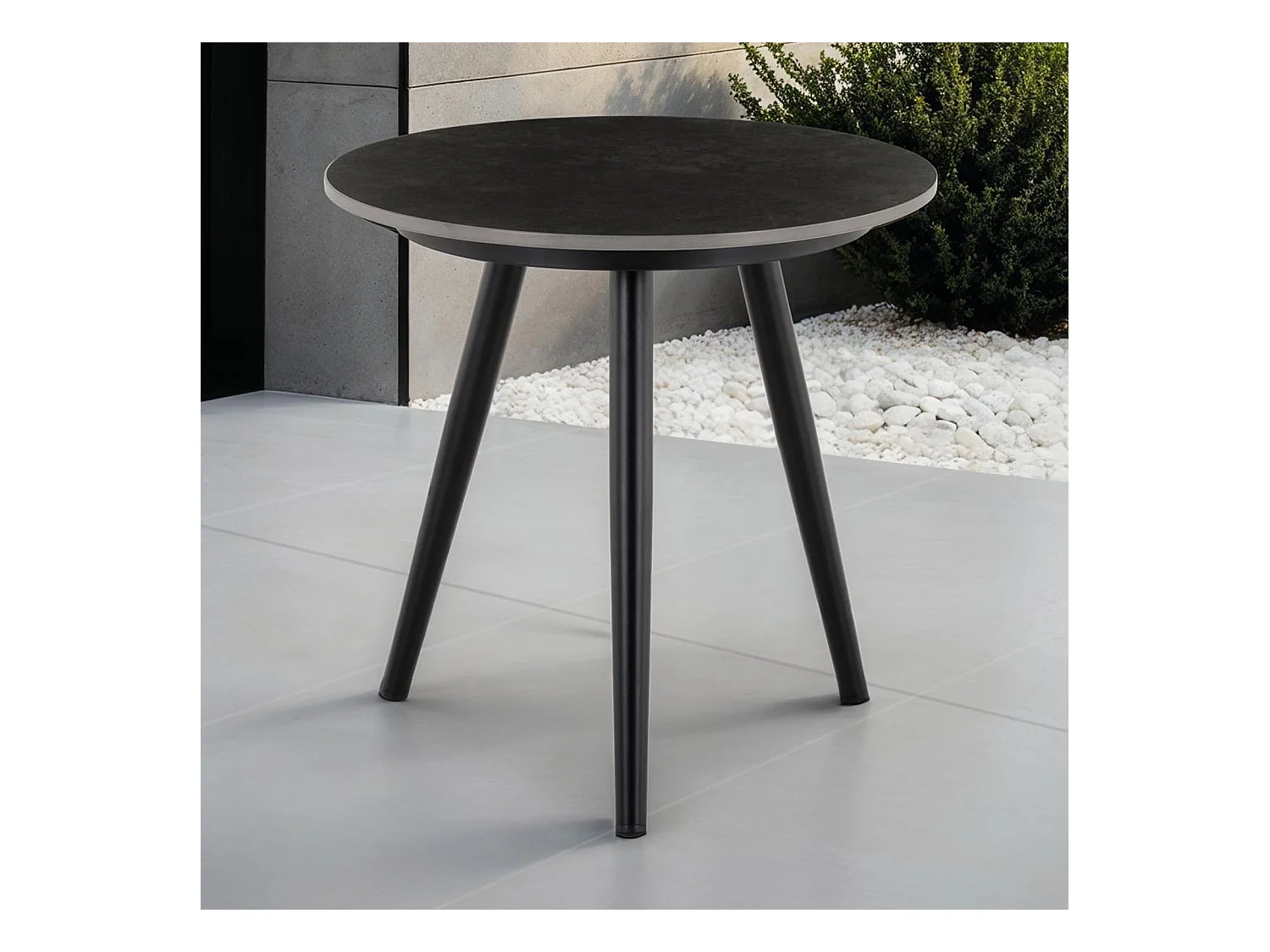 Table d’appoint extérieur ROSALIA ronde en pierre frittée noir et gris diamètre 45 cm pour balcon terrasse ou jardin