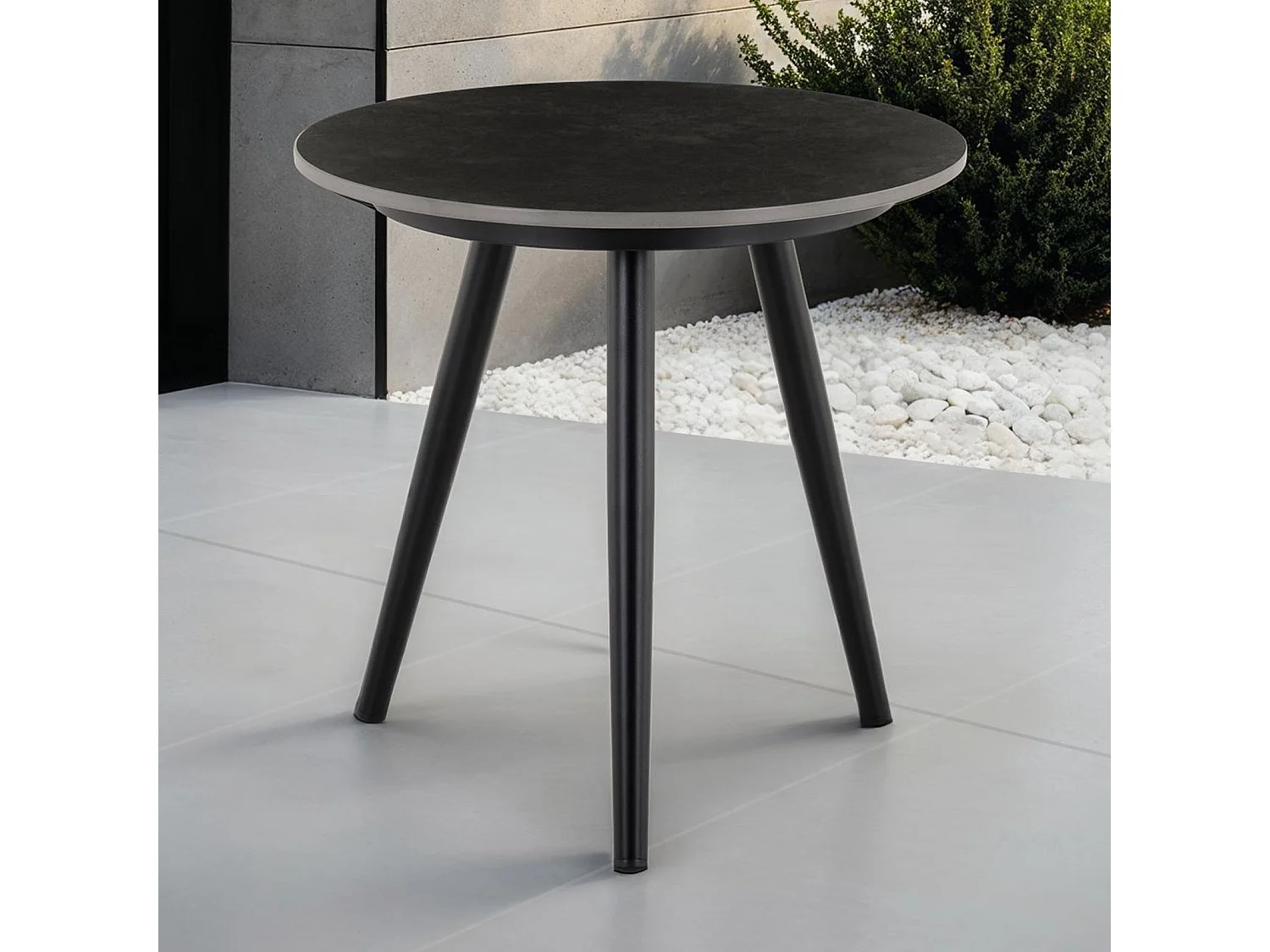 Table d’appoint extérieur ROSALIA ronde en pierre frittée noir et gris diamètre 45 cm pour balcon terrasse ou jardin