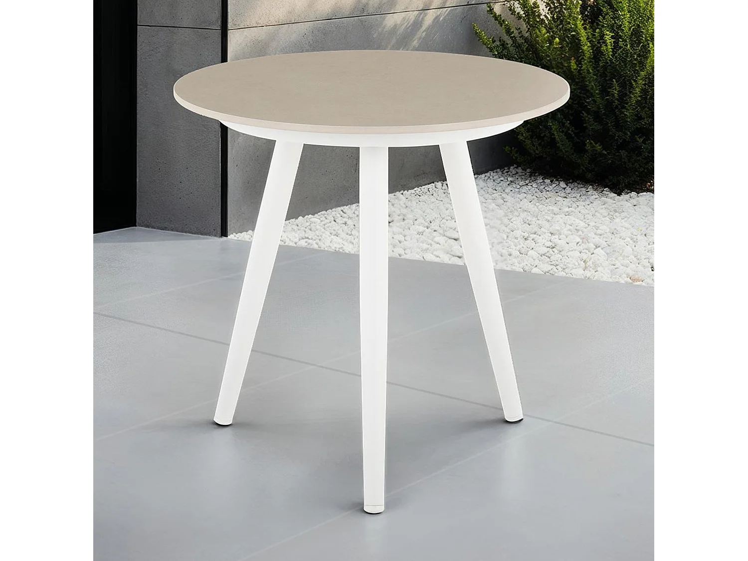 Table d’appoint extérieur ROSALIA ronde en pierre frittée blanc et beige diamètre 45 cm pour balcon ou terrasse