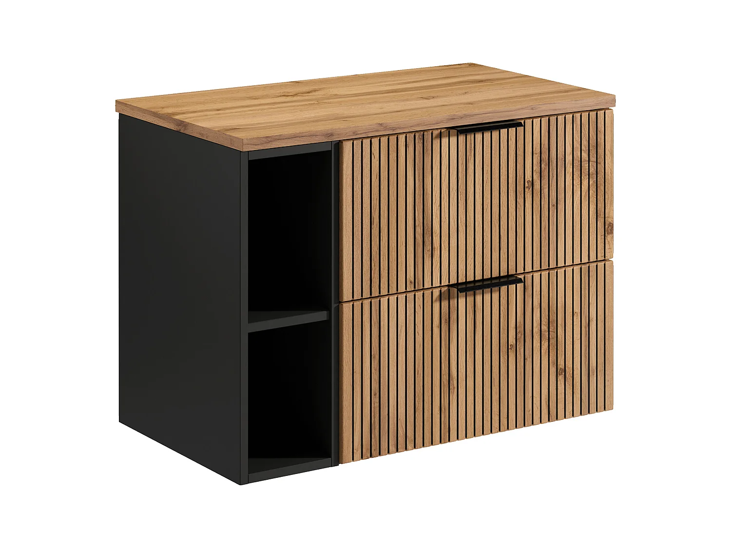 Waschbeckenunterschrank hängend mit Ablagen - Streifenoptik - Holzfarben hell - 80 cm - MADELA