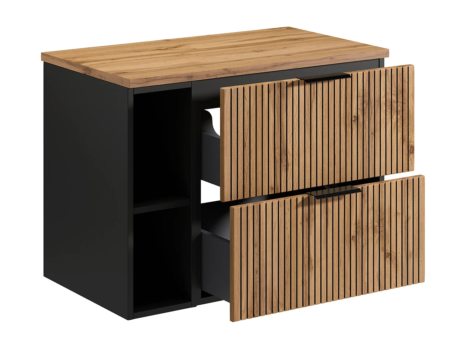 Meuble sous vasque suspendu strié avec niches - Naturel clair - L80 cm - MADELA