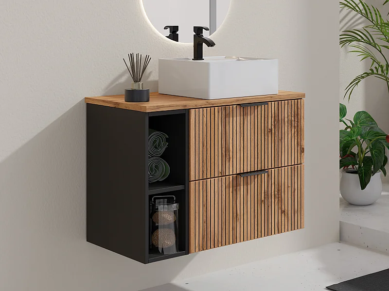 Mobile per bagno sospeso scanalature nicchie e lavabo da appoggio quadrato L80cm  Naturale chiaro - MADELA