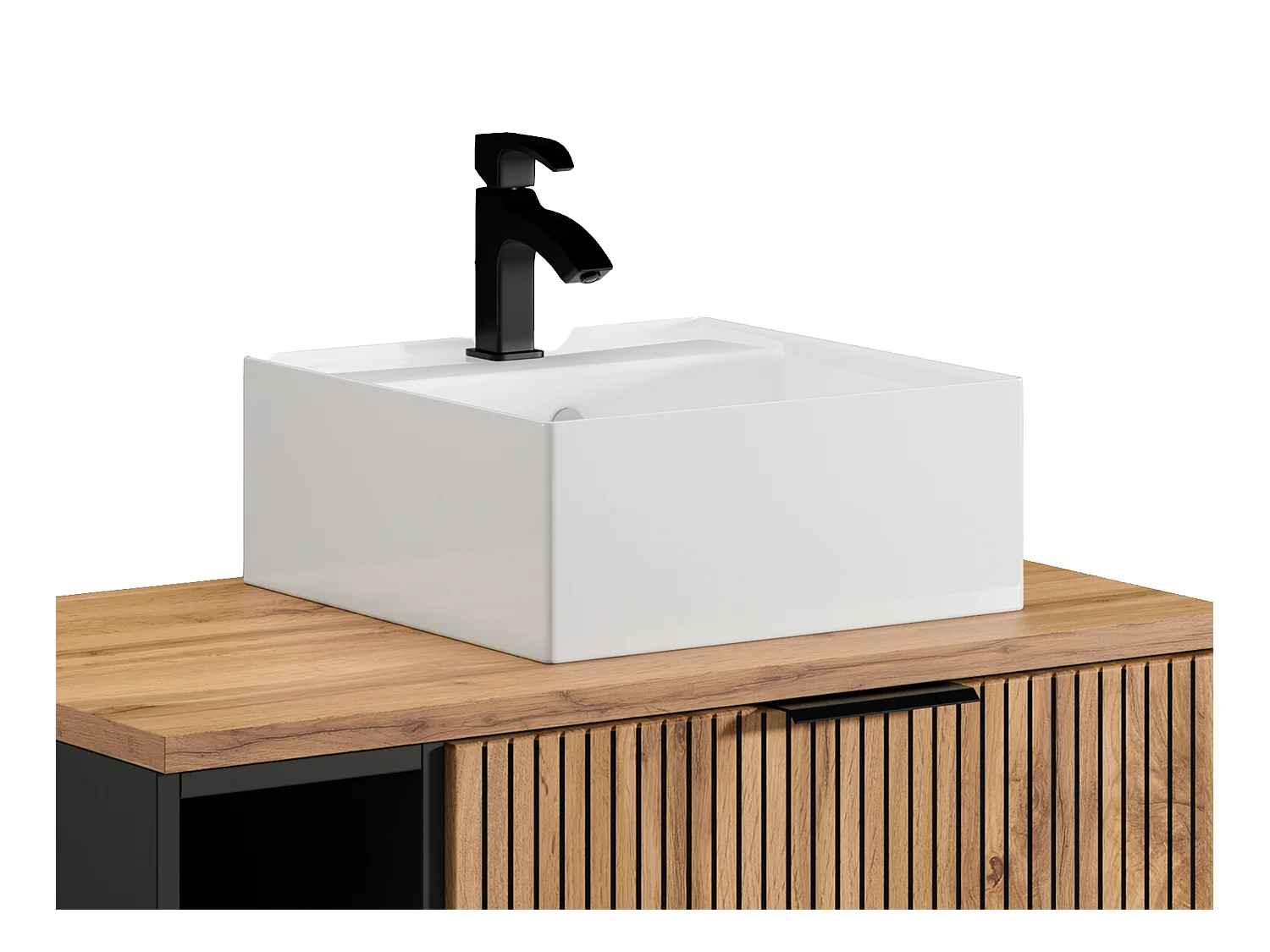 Waschbeckenunterschrank hängend mit Ablagen & Aufsatzwaschbecken quadratisch - Streifenoptik - Holzfarben hell - 80 cm - MADELA