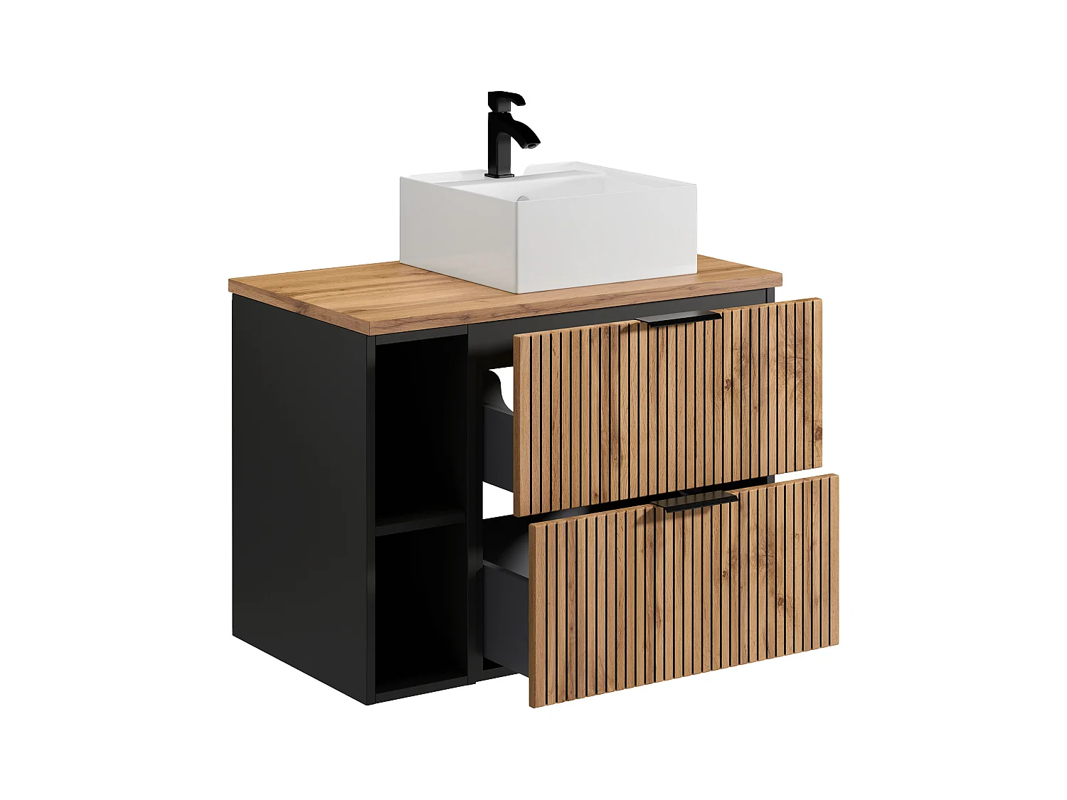 Waschbeckenunterschrank hängend mit Ablagen & Aufsatzwaschbecken quadratisch - Streifenoptik - Holzfarben hell - 80 cm - MADELA