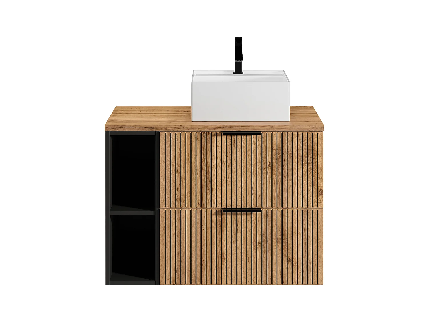 Waschbeckenunterschrank hängend mit Ablagen & Aufsatzwaschbecken quadratisch - Streifenoptik - Holzfarben hell - 80 cm - MADELA